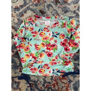RuffleButts Rash Guard Girls 2T Aqua Floral Long Sleeve Side Tie EUC